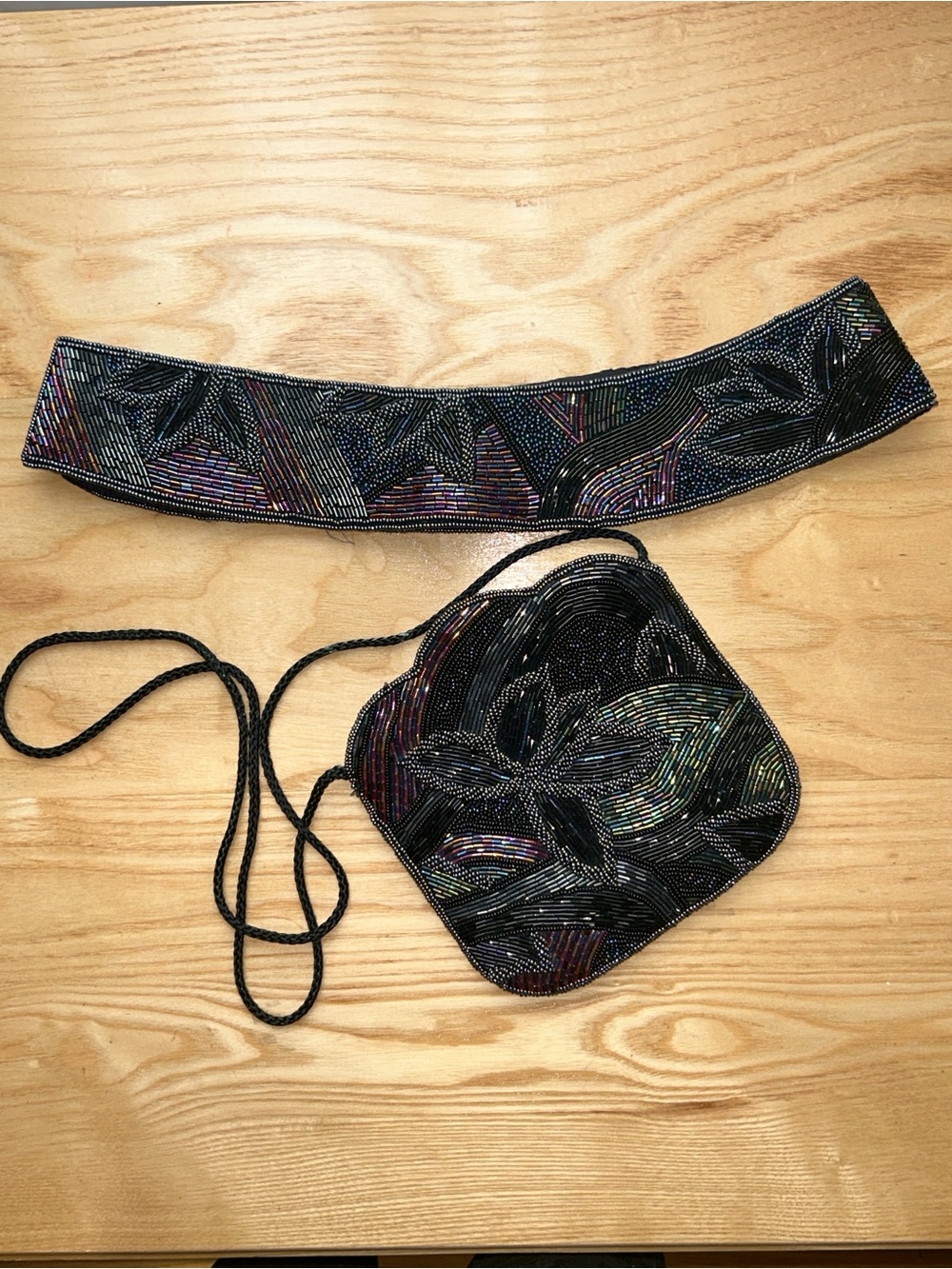 Black Beaded Crossbody Bag and matching belt with Iridescent Accents